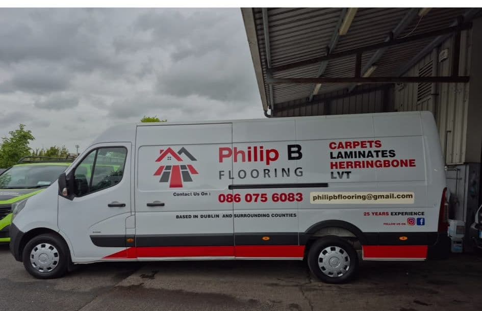 Philip B Flooring's branded work van, showing the phone number, email and service area
